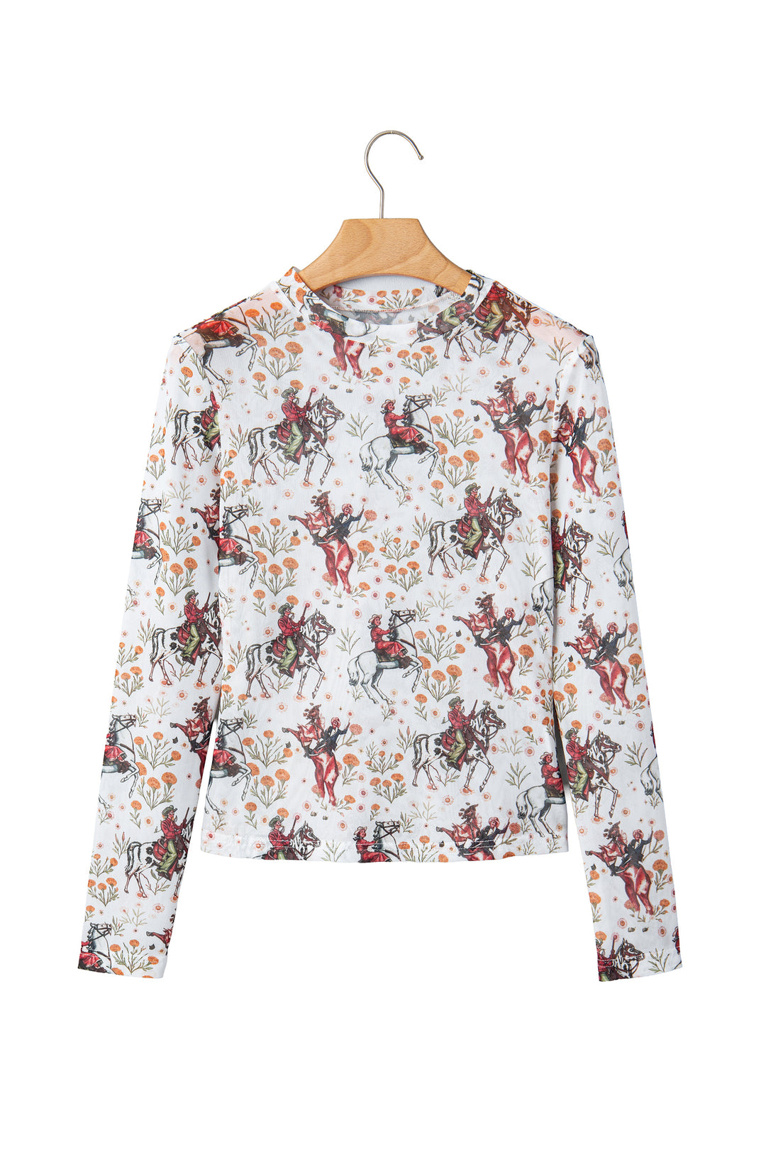 Beige Western Cowboy Floral Print Sheer Mesh Long Sleeve Top