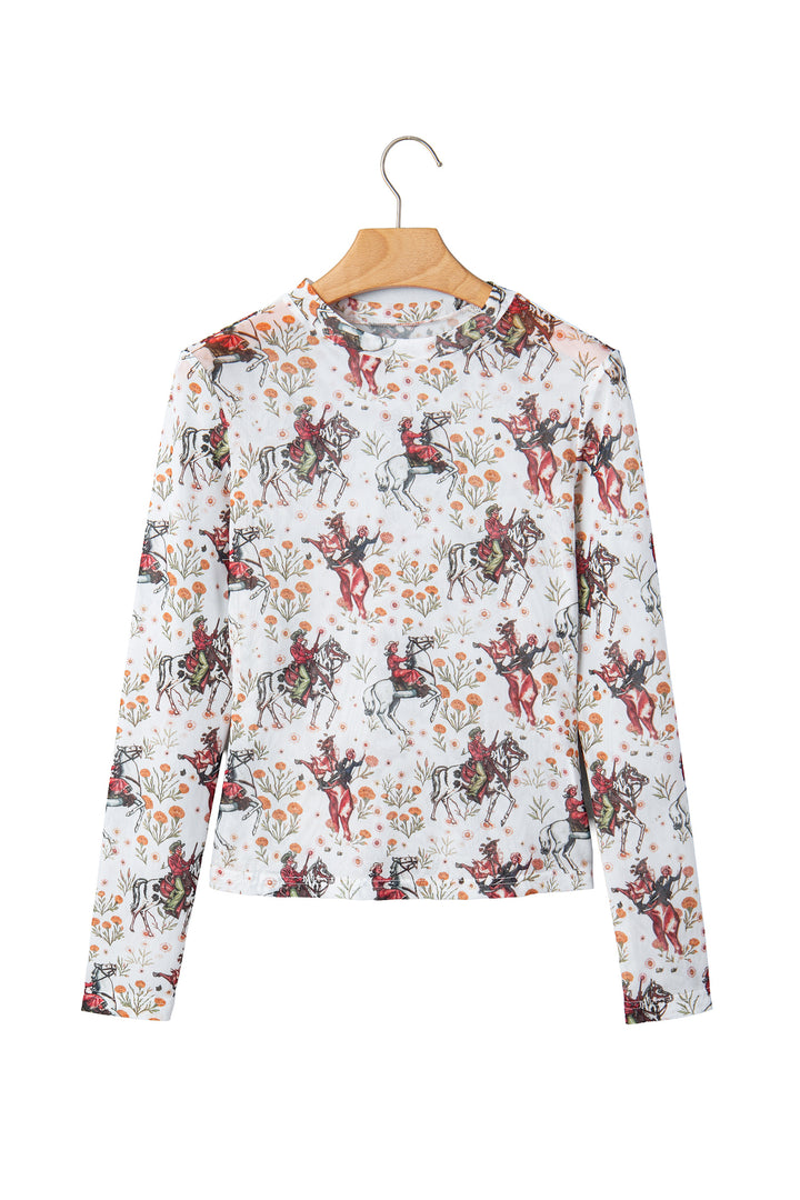 Beige Western Cowboy Floral Print Sheer Mesh Long Sleeve Top