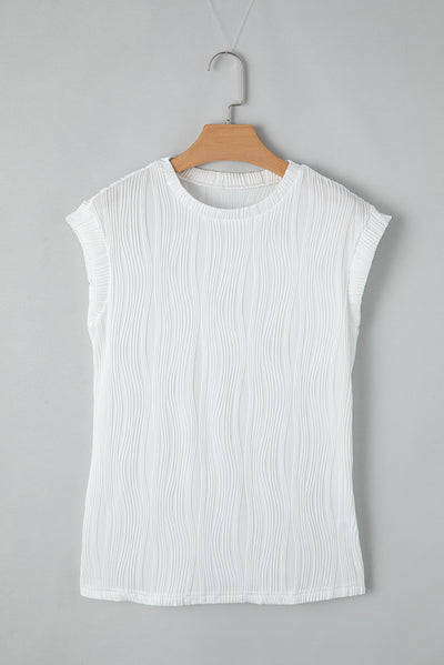 White Wavy Texture Cap Sleeve Top