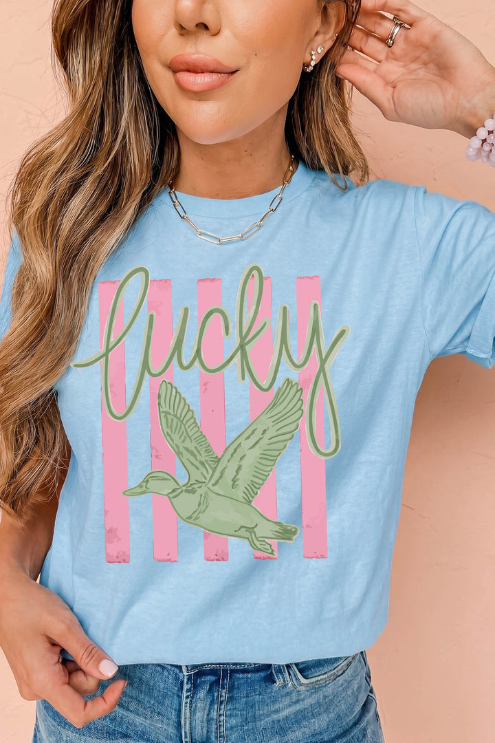 Light Blue Lucky Duck Print Casual Round Neck T Shirt