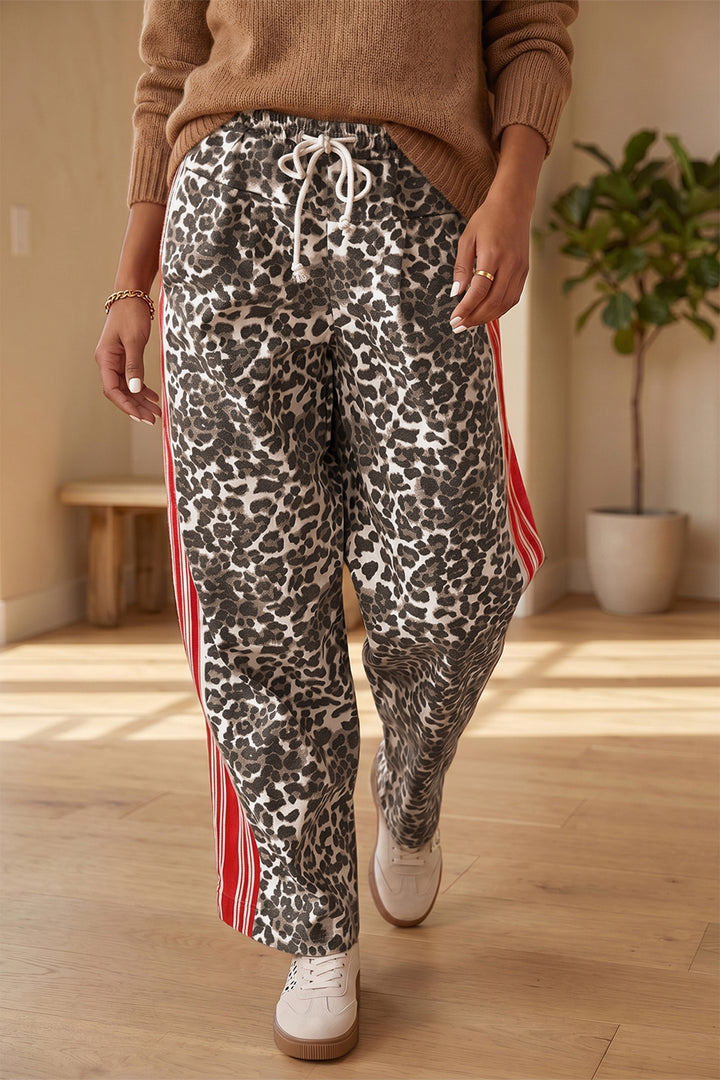 Brown Leopard Patchwork Elastic Waist Jeans
