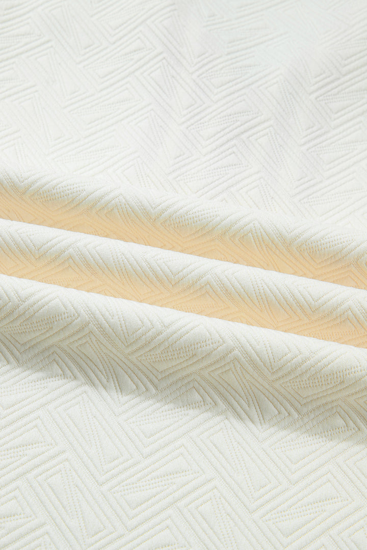 White Textured Knit Contrast Striped Accent Zipped Collar Pullover Top