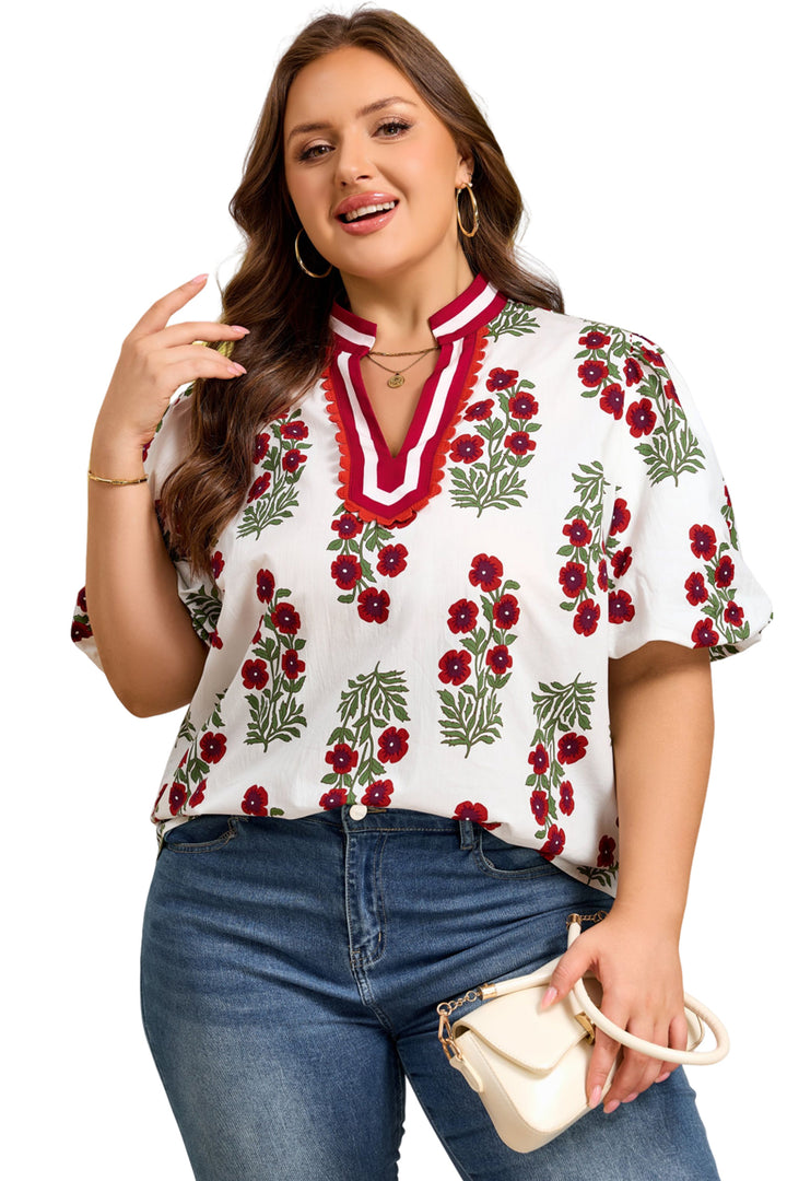 Black Plus Size Floral Print Ricrac Striped Trim Short Sleeve Cotton Blouse