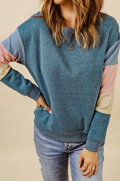 Blue Colorblock Long Sleeve Pullover Sweatshirt