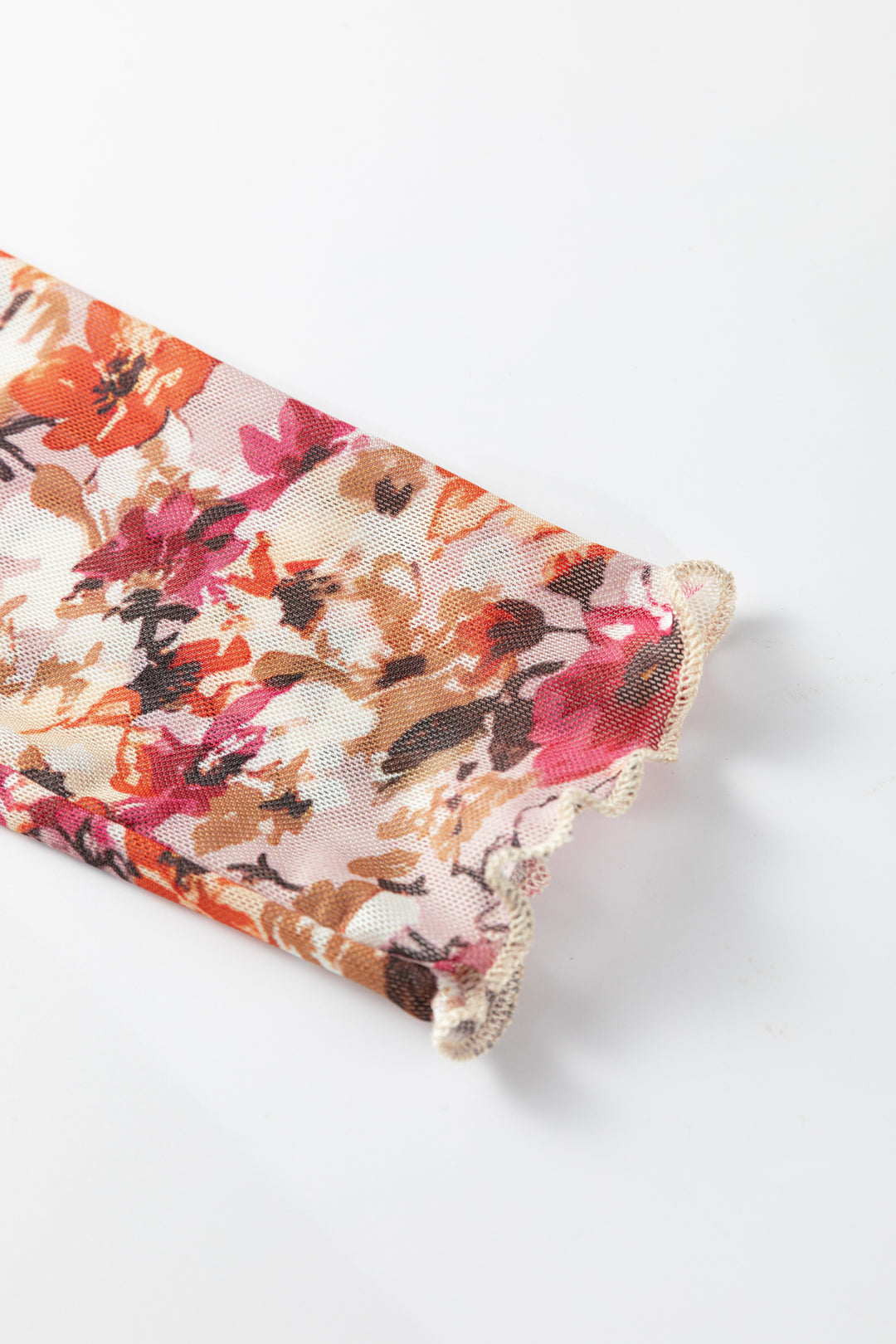 Red Lettuce Trim Floral Print Mesh Long Sleeve Top