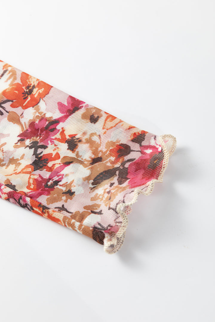 Red Lettuce Trim Floral Print Mesh Long Sleeve Top