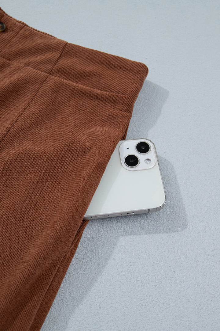 Coffee Elastic Waist Straight Leg Ankle Length Corduroy Pants