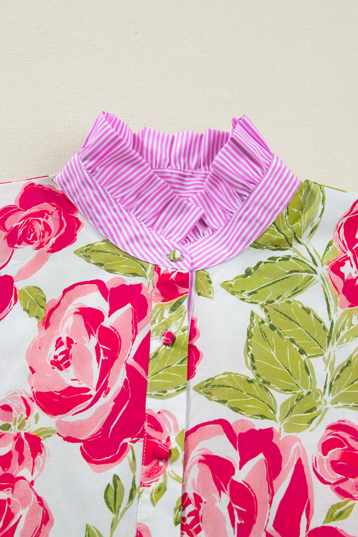 Pink Flower Print Striped Trim Frilled Collar Short Sleeve Shirt