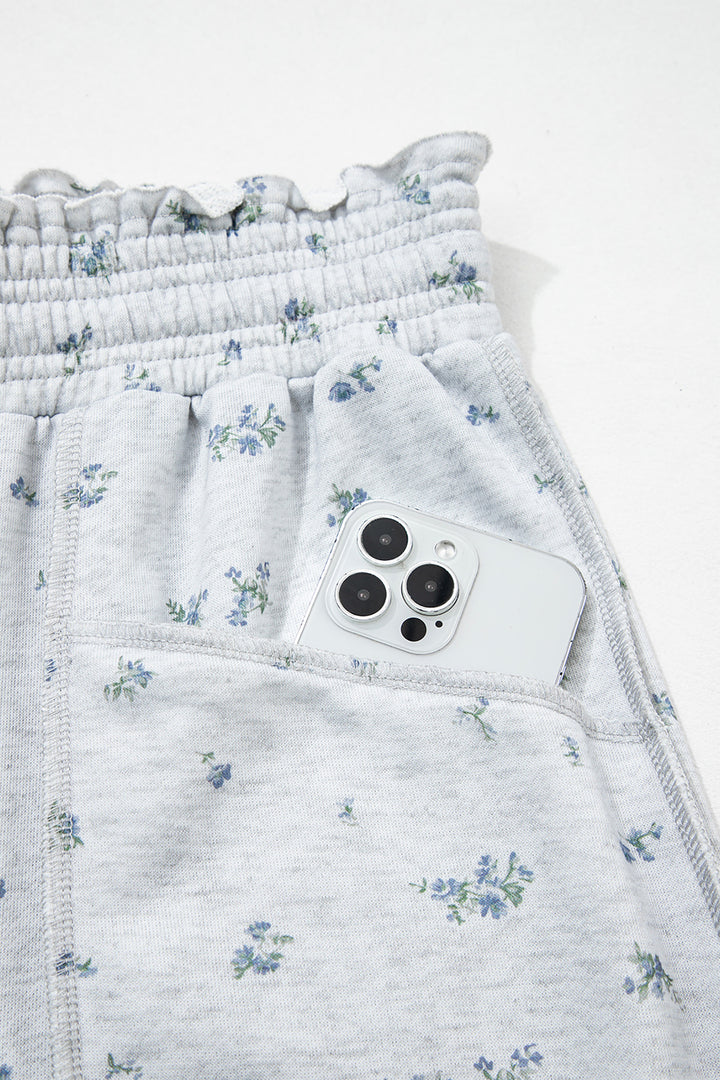 Gray Floral Print Elastic Waist Regular Fit Pants