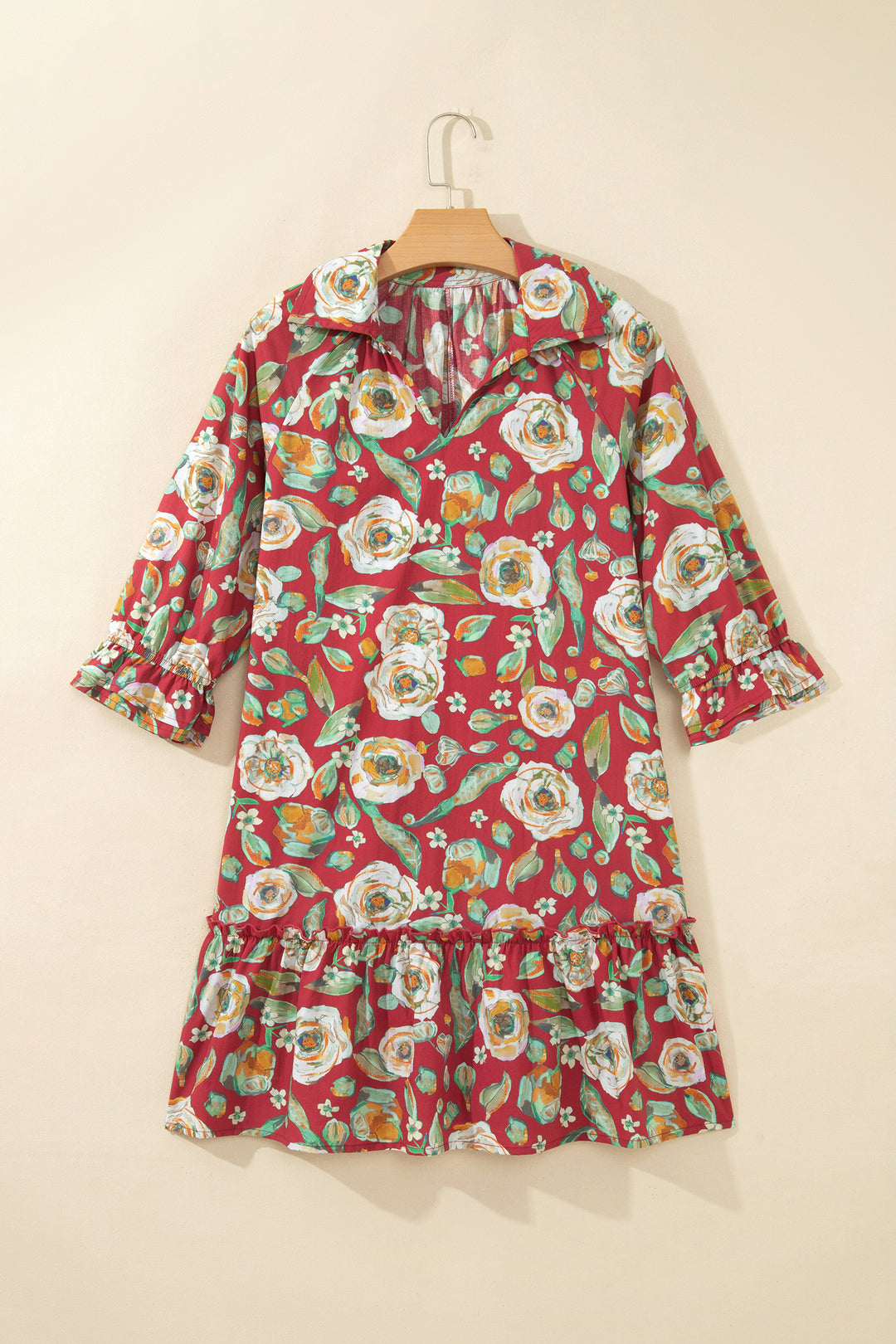 Red Floral Print Half Sleeve Short Shift Dress
