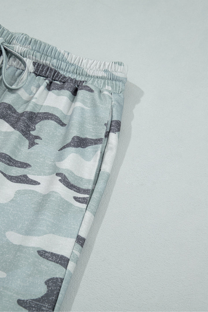 Green Camo Wide Leg Tie Elastic Waist Casual Pants