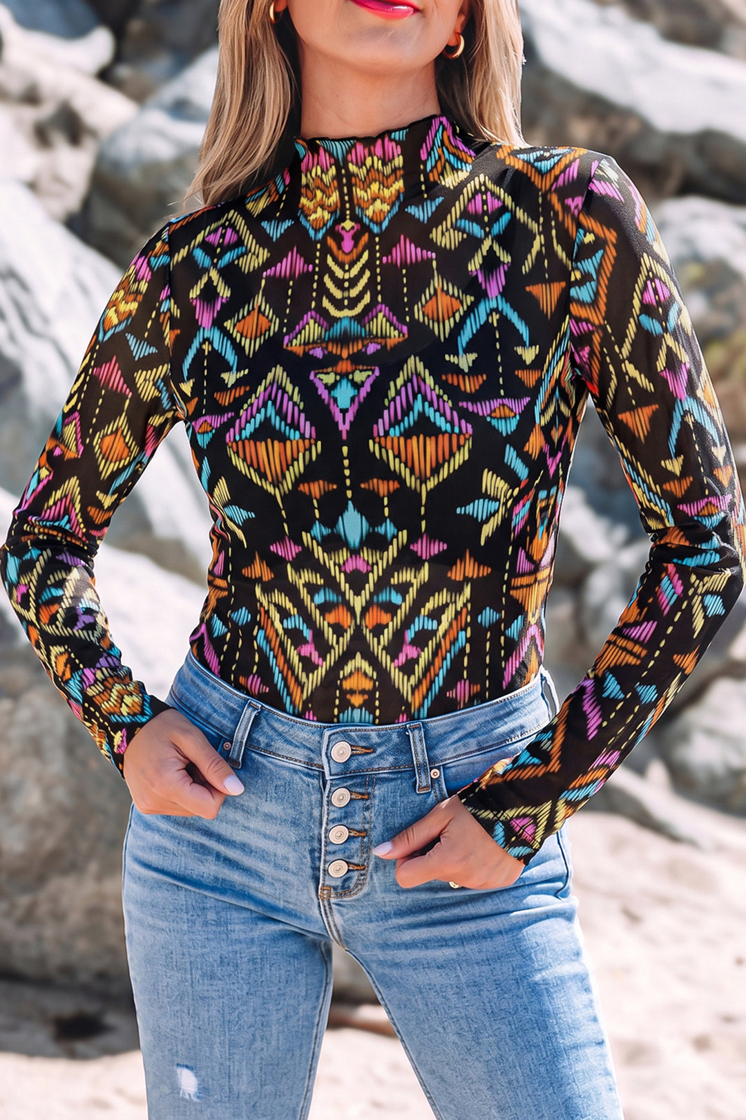 Color black Abstract Print Long Sleeve Stand Neck Mesh Top