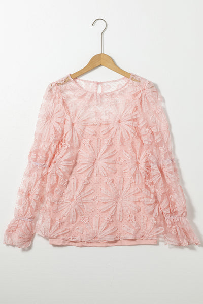 Pink Flower Dotted Ruffled Sleeve Mesh Top