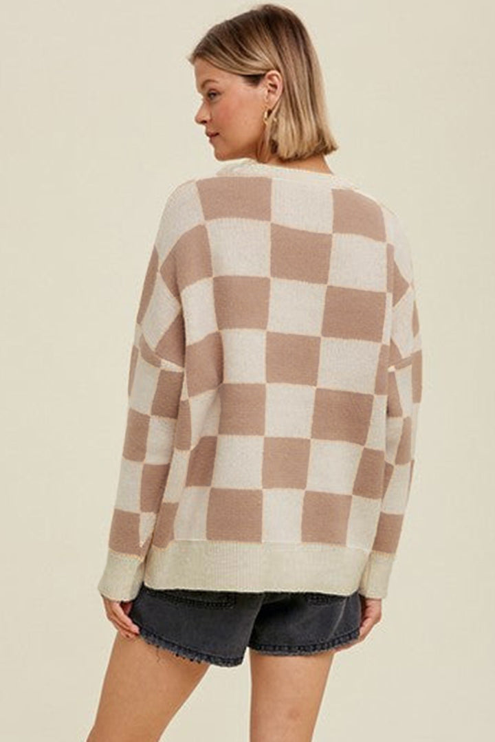 Grapefruit Orange Checkered Pattern Ribbed Trim Knit Baggy Sweater