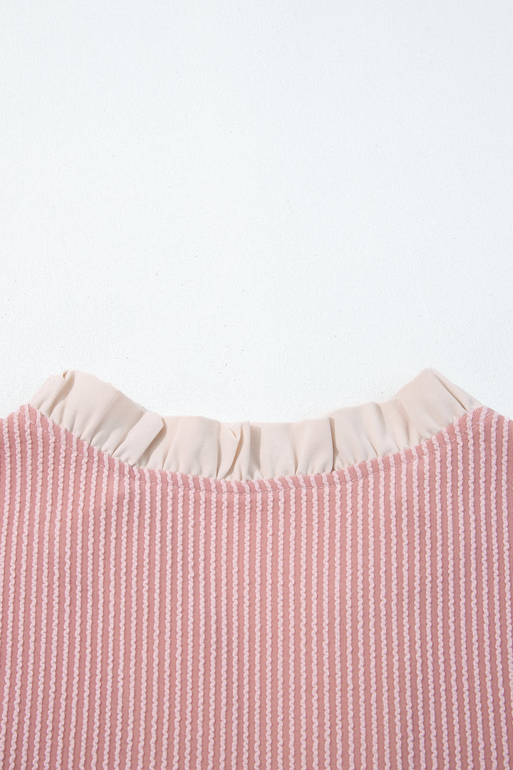 Fushia Plus Size Contrast Frilled Neckline Ruffled Short Sleeve Ribbed Textured Blouse