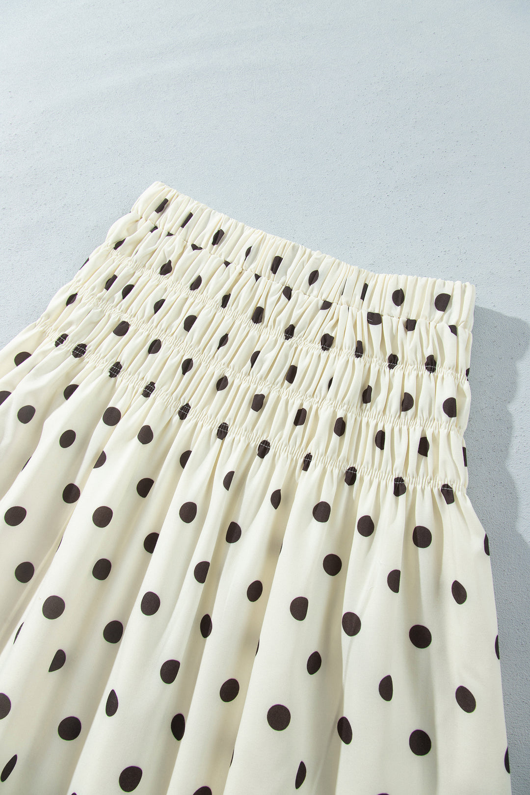 Beige Stripe Polka Dot Print Smocked High Waist Long Skirt