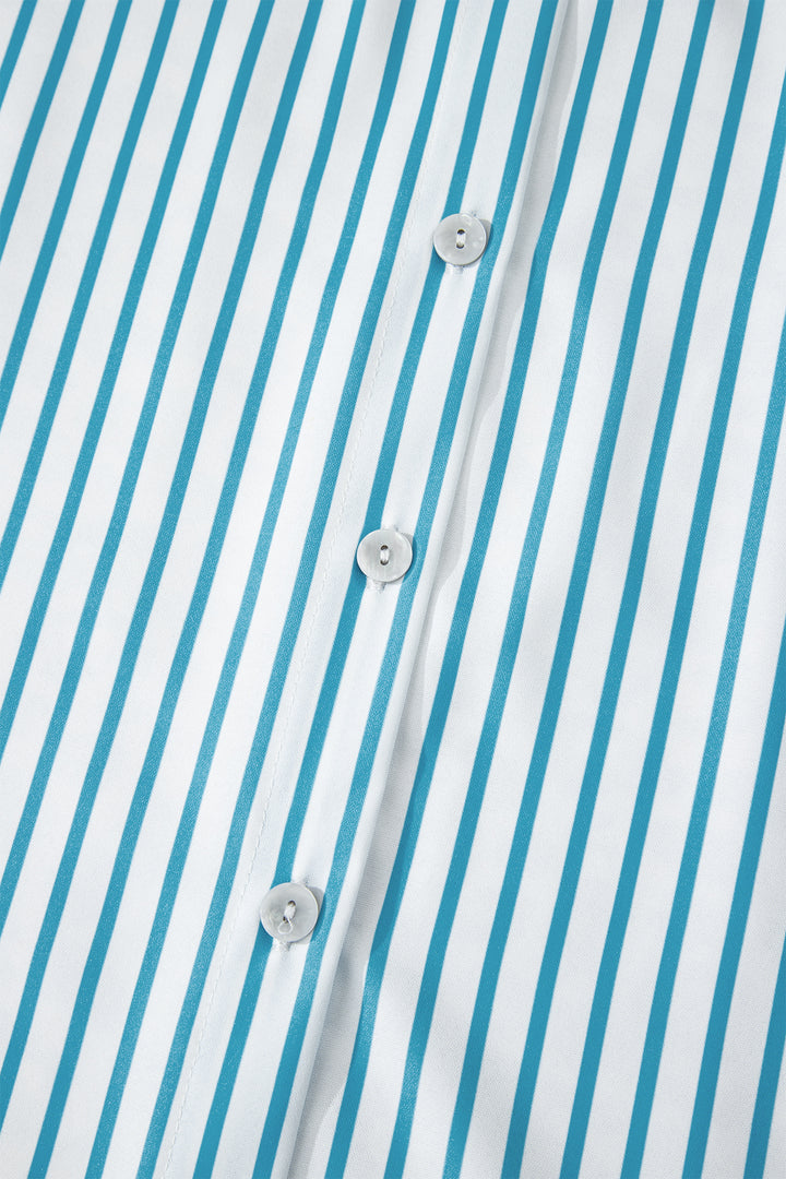 Sky Blue Stripe Contrast Leopard Patchwork Long Shirt Dress with Slits