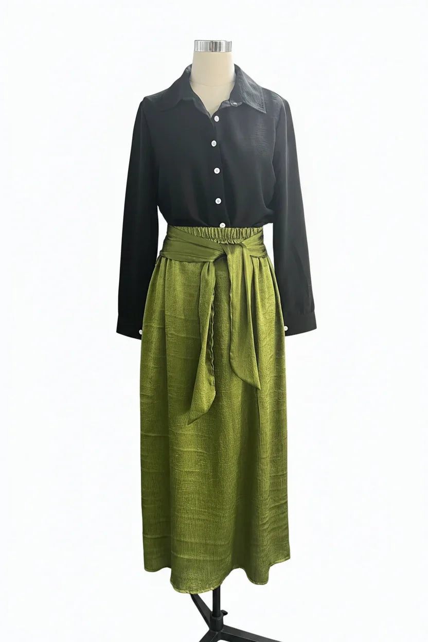 Button-Down Shirt &amp; High-Waist Tie Skirt Two-Piece Set