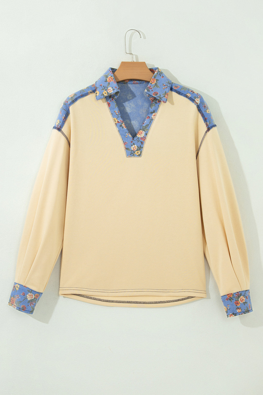 Apricot Floral Denim Patchwork Collar V Neck Long Sleeve Pullover Top
