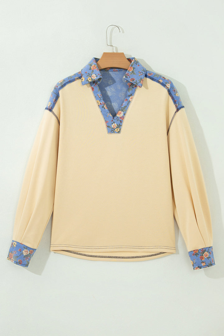 Apricot Floral Denim Patchwork Collar V Neck Long Sleeve Pullover Top