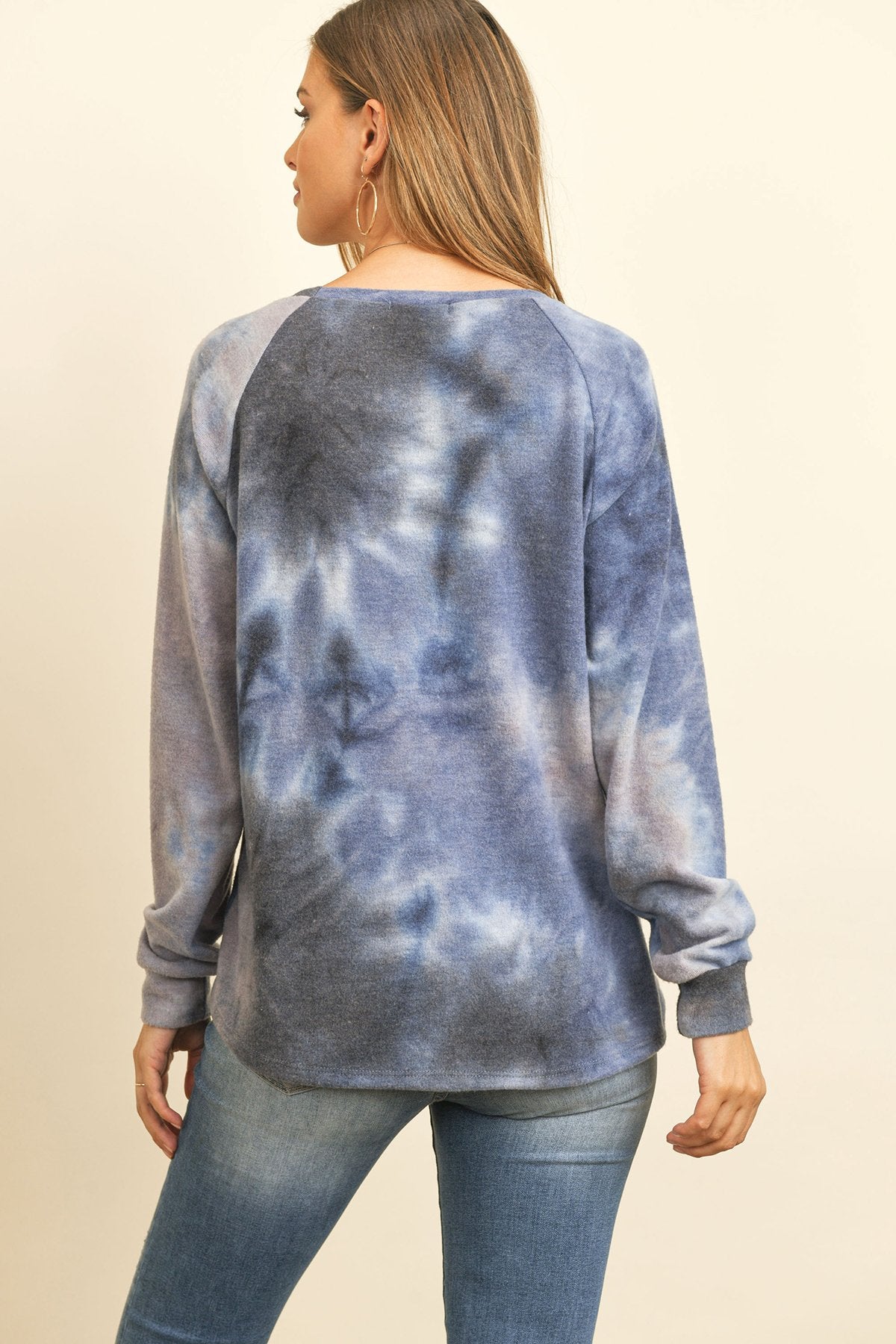 Long Sleeve Boat Neck Tie Dye Round Hem Top