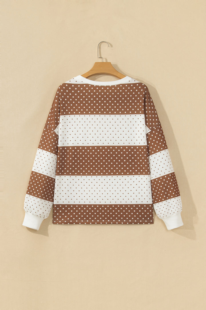 Blue Polka Dot Patchwork Colorblock Long Sleeve Top