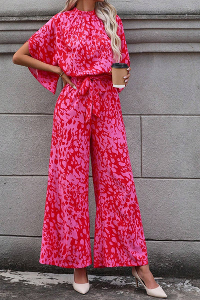 Rose Leopard Loose Sleeve Belted Wide Leg Jumpsuit