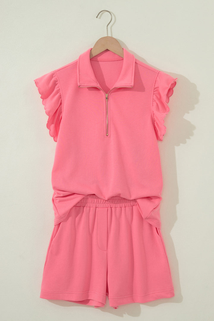 Sky Blue Half Zipped Ruffled Short Set