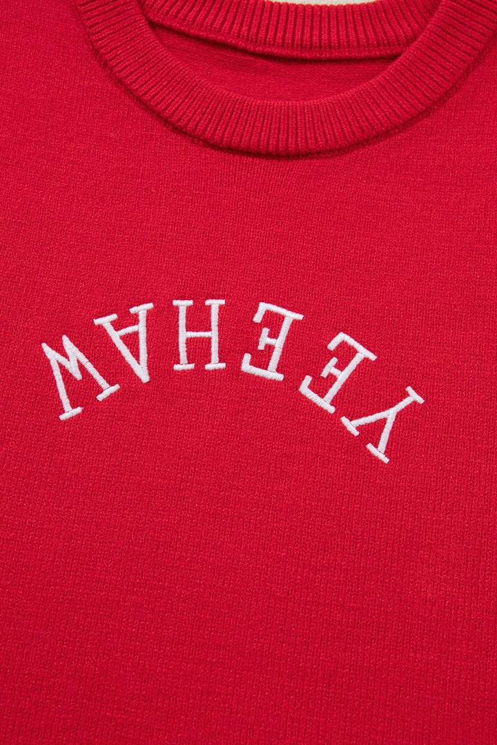 Fiery Red YEEHAW Embroidered Letter Loose Short Sleeve Sweater
