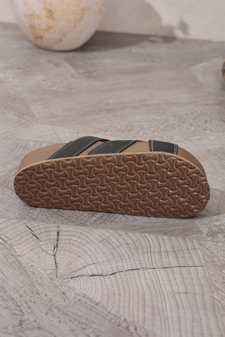 Color black Contrast Stitch Crossed Band Retro Platform Slippers