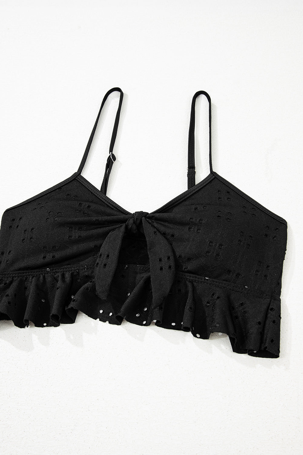 Black Eyelet Pattern Knotted Ruffle Trim 3pcs Bikini Set