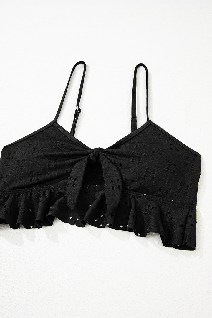 Black Eyelet Pattern Knotted Ruffle Trim 3pcs Bikini Set