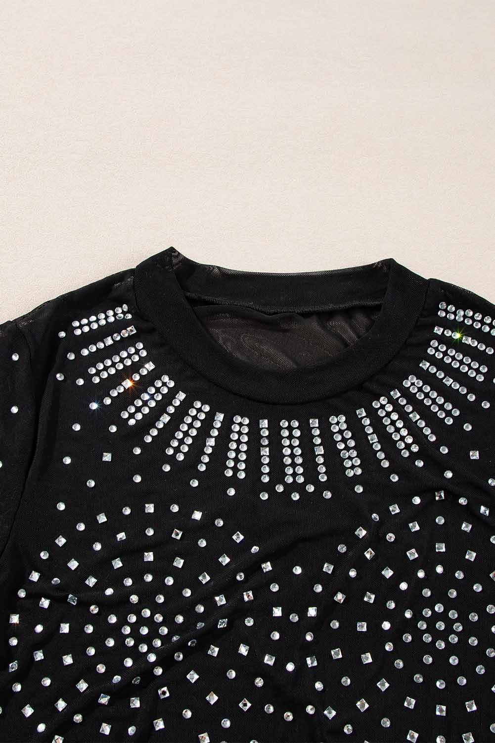 Black Rhinestone Sheer Mesh Long Sleeve Bodysuit