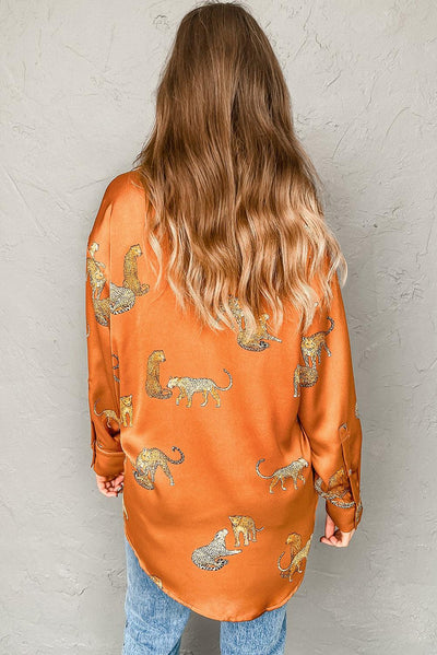 Russet Orange Cheetah Animal Print Button Up Satin Shirt