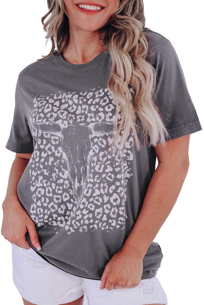 Gray Leopard Bull Skull Graphic Tee