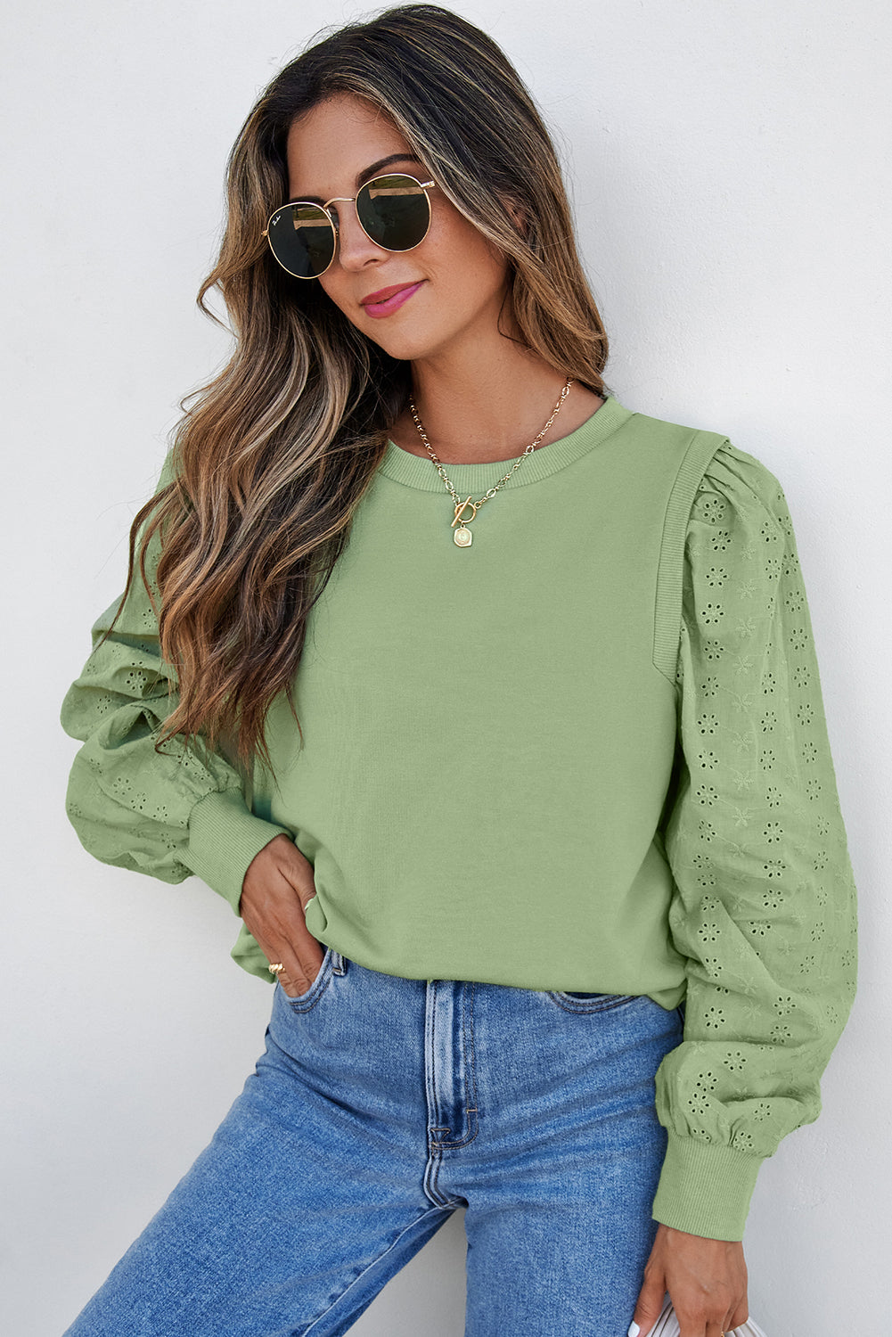 Mist Green Solid Patchwork Sleeve Round Neck Sweatshirt