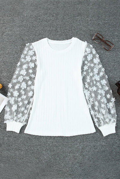 White Floral Applique Mesh Sleeves Textured Knit Blouse