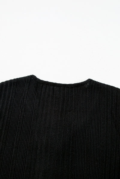 Black V Neck Buttoned Ribbed Knit Top