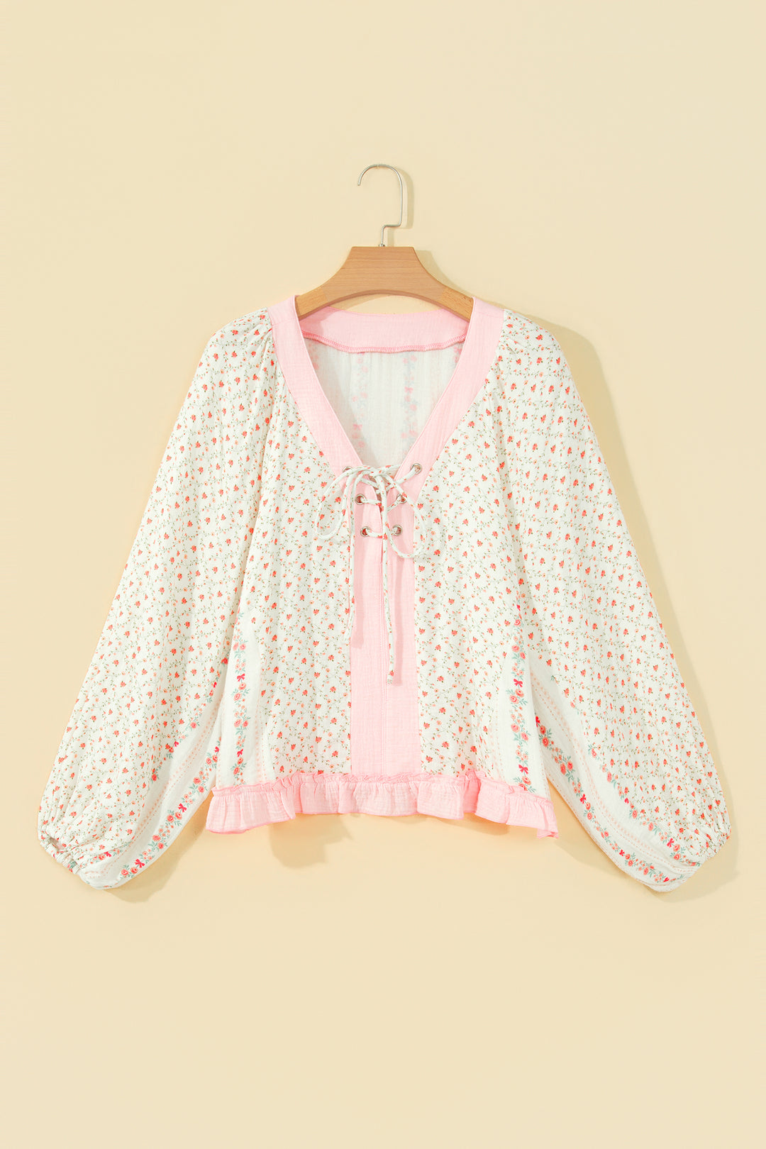 Beige Floral Print Color Block Trim Lace-up V Neck Long Sleeve Blouse
