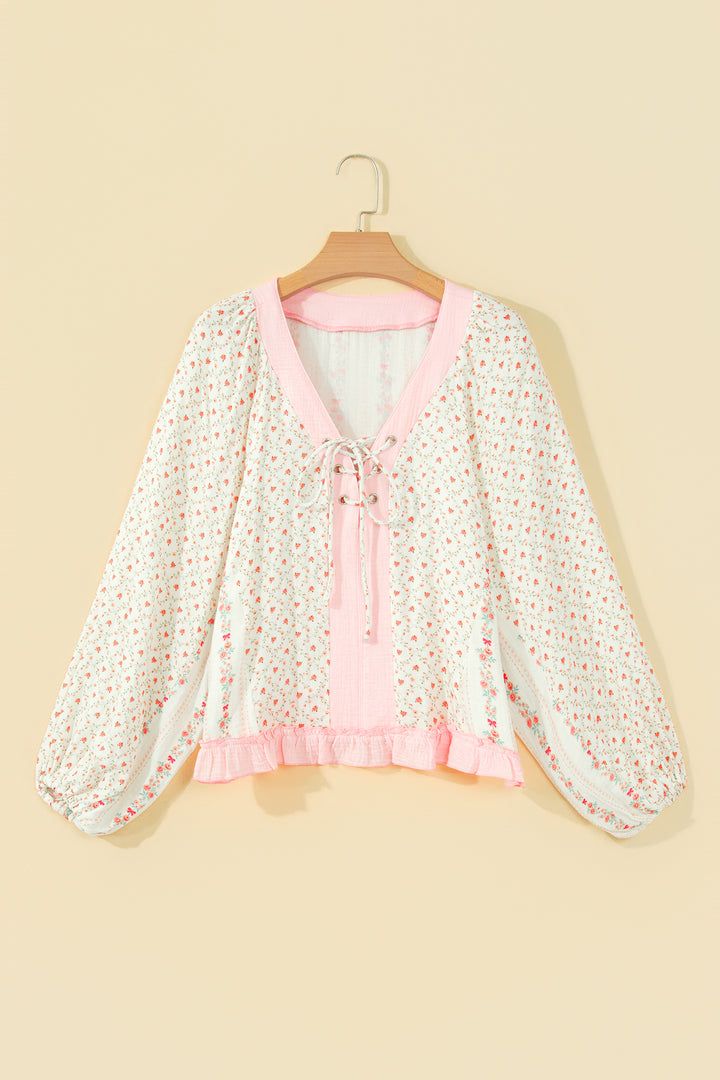 Beige Floral Print Color Block Trim Lace-up V Neck Long Sleeve Blouse