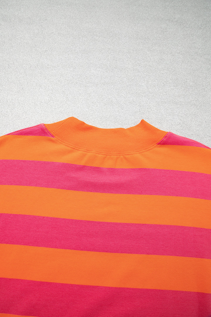 Orange Stripe Ribbed Trim Stand Neck Dropped Shoulder Plus Size Sweatshirt