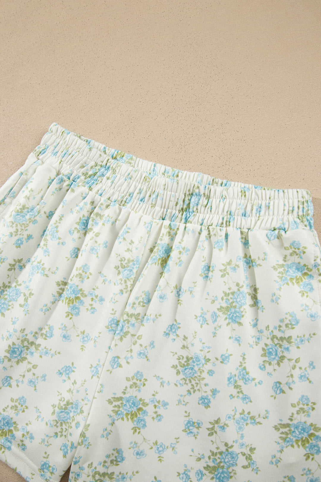 Sky Blue Floral Print Short Sleeve Elastic Waist Pocket Casual Two Piece Short Sets