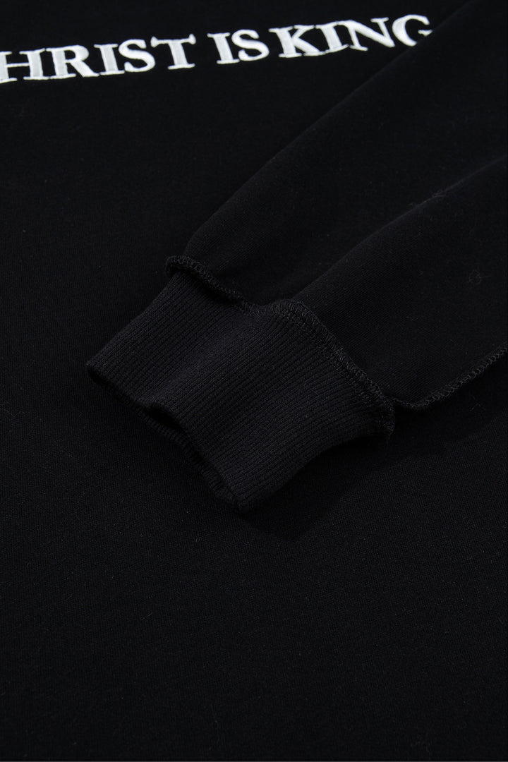 Black CHRIST IS KING Embroidery High Neck Baggy Sweatshirt