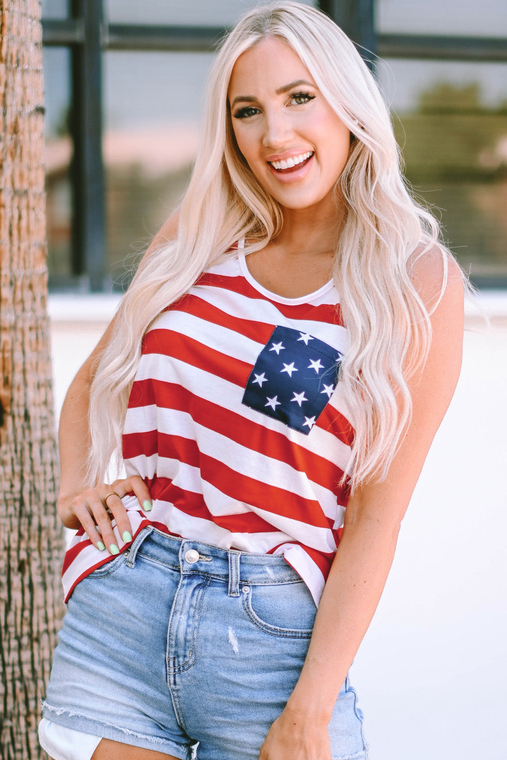 Fiery Red Pocket Patch Stars & Stripes Tank Top