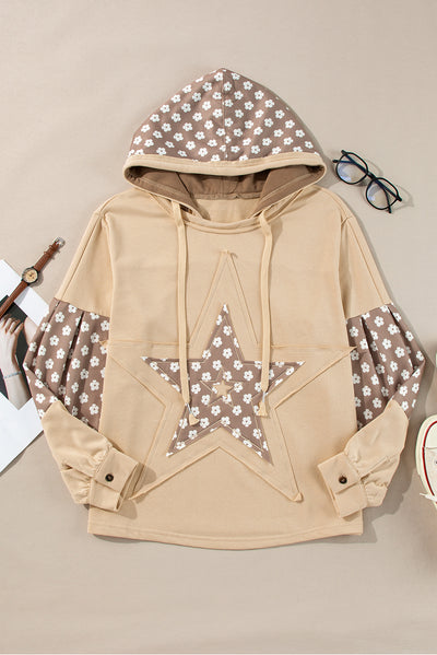 Apricot Floral Patchwork Star Pattern Drawstring Hoodie