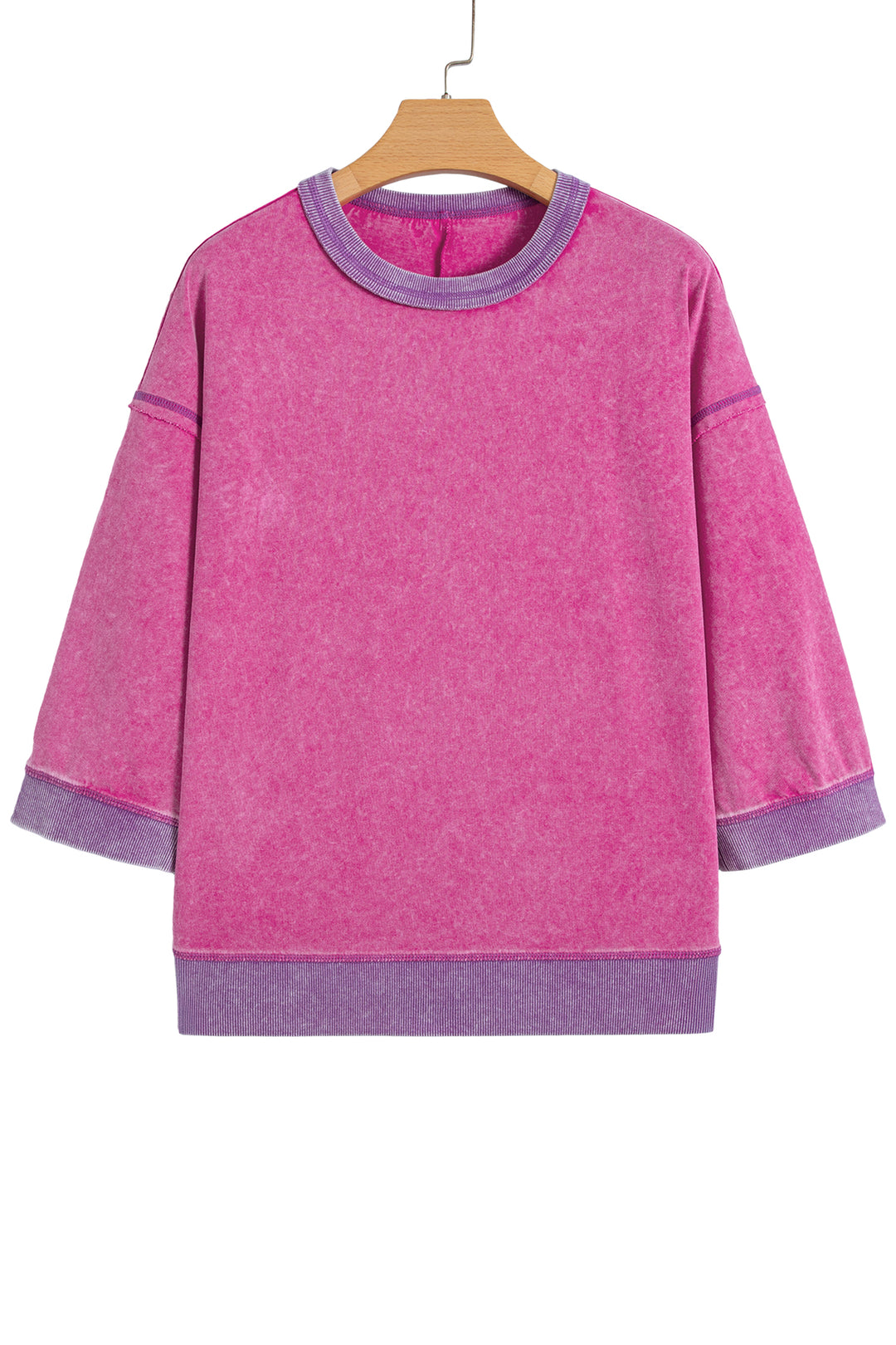 Strawberry Pink Mineral Wash Color Block Trim Bracelet Sleeve Pullover Top