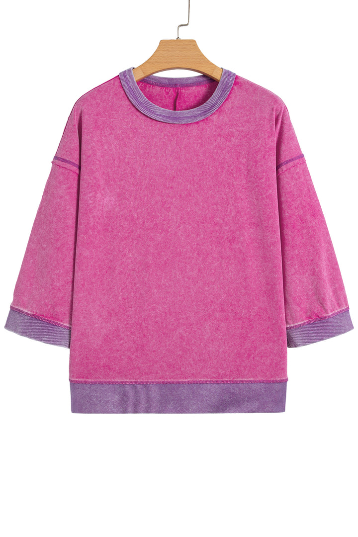 Strawberry Pink Mineral Wash Color Block Trim Bracelet Sleeve Pullover Top