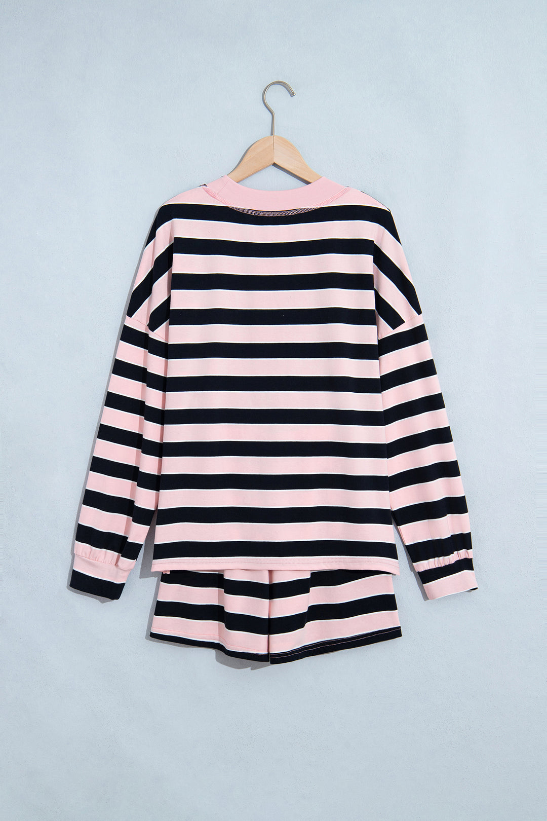 Pink Stripe Oversized Long Sleeve Top Elastic Waist Shorts Casual 2pcs Set