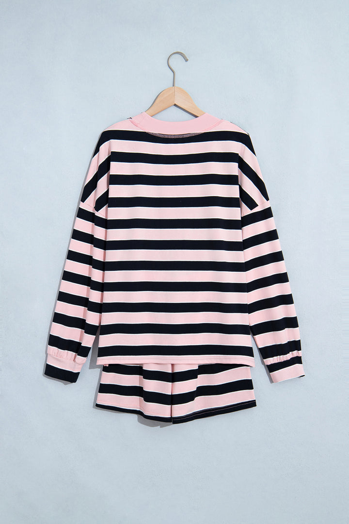 Pink Stripe Oversized Long Sleeve Top Elastic Waist Shorts Casual 2pcs Set