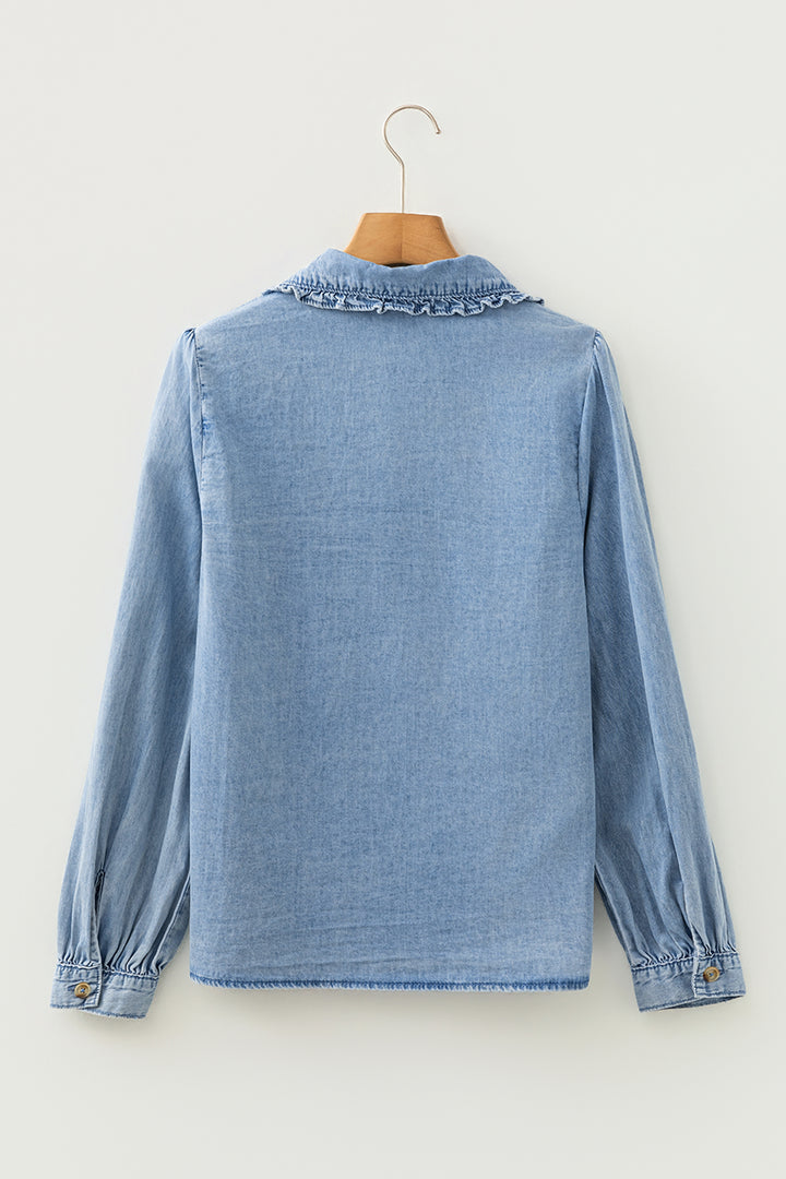 Beau Blue Ruffled Peter Pan Collar Western Denim Shirt